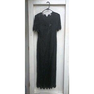 Vintage 90s Laurence Kazar Black Sequined Beaded Maxi Dress Petite Small Women's